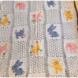 Vintage Crochet Baby Blanket Afghan Throw Blocks Squares Animals Nursery